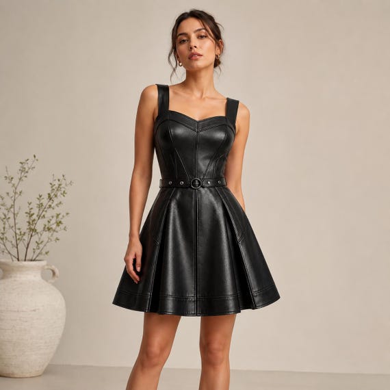Black Vegan Leather Corset Mini Dress Sweetheart Neckline Sleeveless A-line Clubwear Party Gift Women