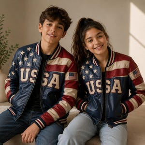 Könnte beinhalten: Zwei passende Bomberjacken mit patriotischem Design. Die Jacken haben eine marineblaue Basis mit weißen Sternen, rot-weißen Streifen und dem Text "USA" in großen weißen Buchstaben. Jede Jacke hat einen kleinen Aufnäher mit der amerikanischen Flagge.