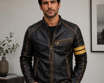 Mens Motorcycle Biker Vintage Cafe Racer Distressed Black Leather Jacket Retro Zippered Cowhide Outerwear