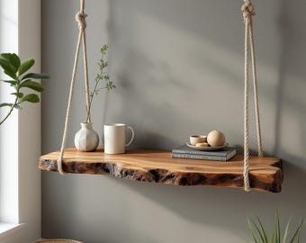 Prateleira flutuante com borda natural e corda, decoração de parede rústica boho, prateleira suspensa de madeira maciça.