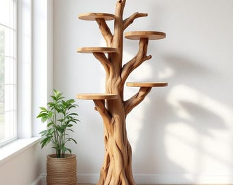 Handmade Wooden Tree Bookshelf, Sculptural Solid Wood Bookshelf