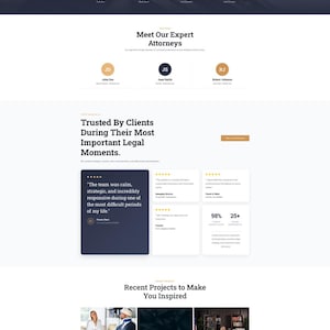 May include: Website design for a law firm, featuring a dark blue and white color scheme. The site highlights criminal law services, client testimonials, and attorney profiles. Includes images of legal professionals and a call to action.