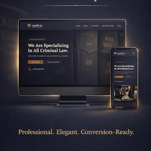 以下が含まれることがあります： デスクトップモニターとスマートフォンに表示された、モダンな法律事務所のウェブサイトテンプレート。ウェブサイトのデザインは、ダークテーマにゴールドのアクセントと「We Are Specializing In All Criminal Law」のテキストが特徴です。画像には「Professional. Elegant. Conversion-Ready」のテキストも含まれています。