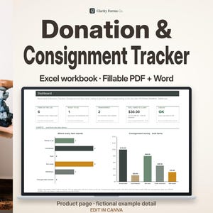 Donation and Consignment Tracker | Editable Excel, Word + Canva Template, Fillable and Printable PDF | Client Approval and Transfers