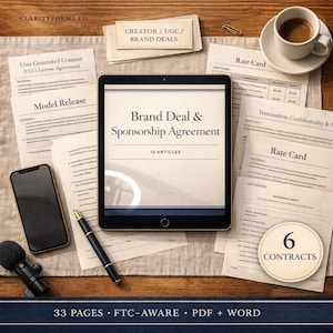 Puede incluir: Una vista cenital de documentos comerciales y una tableta. La tableta muestra "Brand Deal & Sponsorship Agreement" con "12 Articles". Otros documentos incluyen una "Rate Card" y un "Model Release". También hay una taza de café, un bolígrafo, un teléfono y un micrófono. El texto "33 Pages • FTC-Aware • PDF + Word" está en la parte inferior.