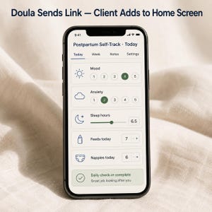 May include: A smartphone screen showing a postpartum self-track app. The app monitors mood, anxiety, sleep hours (6.5), feeds (7), and nappies (6). The text "Doula Sends Link - Client Adds to Home Screen" is at the top.