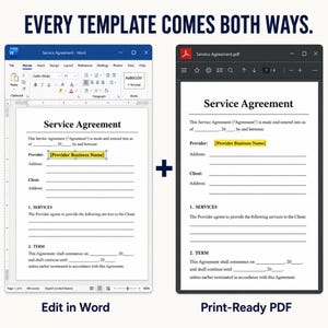 May include: A digital service agreement template displayed in two formats: a Microsoft Word document on the left and a print-ready PDF on the right. Both documents feature the title Service Agreement, blank lines for details, and a highlighted field.