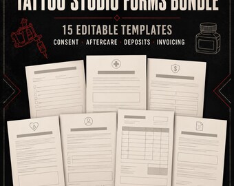 Tattoo Studio Forms Bundle 15 Templates | Consent Aftercare Deposit Invoice Client Intake | Editable Word Excel