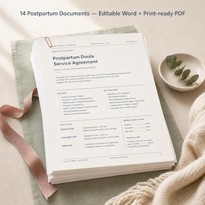 May include: A stack of white paper documents with the text "Postpartum Doula Service Agreement" and "14 Postpartum Documents". The documents are held together with a copper paper clip. A small dish with greenery and a pink ribbon are in the background.
