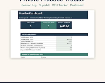 Therapist Private Practice Tracker | Session Log Income Expense Superbill Generator CEU Tracker | Excel Google Sheets Dashboard