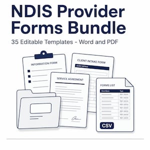 Könnte beinhalten: NDIS Provider Forms Bundle mit 35 bearbeitbaren Vorlagen in Word- und PDF-Formaten. Die Grafik zeigt einen Ordner, ein Informationsformular, ein Kundenaufnahmeformular, eine Dienstleistungsvereinbarung und eine Formularliste mit dunkelblauem Text.