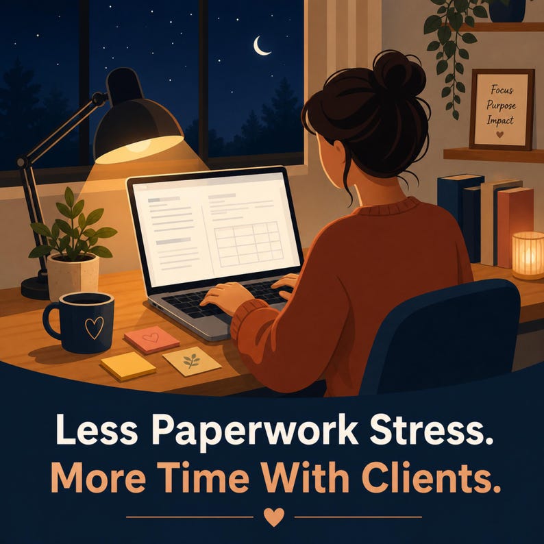 May include: An illustration of a person working on a laptop at a desk at night, with a lamp, a mug with a heart, sticky notes, and books. The text reads: Less Paperwork Stress. More Time With Clients. Focus Purpose Impact.