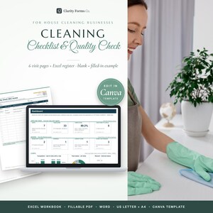 May include: A digital cleaning checklist and quality check template for house cleaning businesses. The set includes six visit pages, an Excel register, and blank or filled-in examples. The design features dark text on white paper and a laptop screen.
