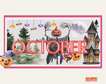 October 2026 Halloween Kids Calendar | Watercolor Pumpkin Ghost Haunted House | Editable Canva Template | Instant Download