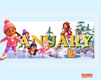 January 2027 Kids Calendar | New Year Winter Ice Skating Special Days | Watercolor Children's Animals | Canva | Instant Download