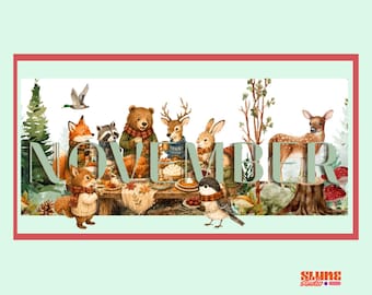 November 2026 Printable Calendar | Kids Calendar | Watercolor Woodland Animals Thanksgiving | Editable Canva Template | Instant Download