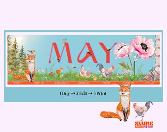 May 2027 Printable Kids Calendar | Mothers Day Animal Special Days | Watercolor Fox Meadow | Editable Canva | Instant Download
