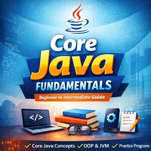 May include: A book cover titled "Core Java Fundamentals" with a blue and orange design. The image includes a laptop with code, books, a smartphone, and a notepad with a pencil. The cover text reads "Beginner to Intermediate Guide."