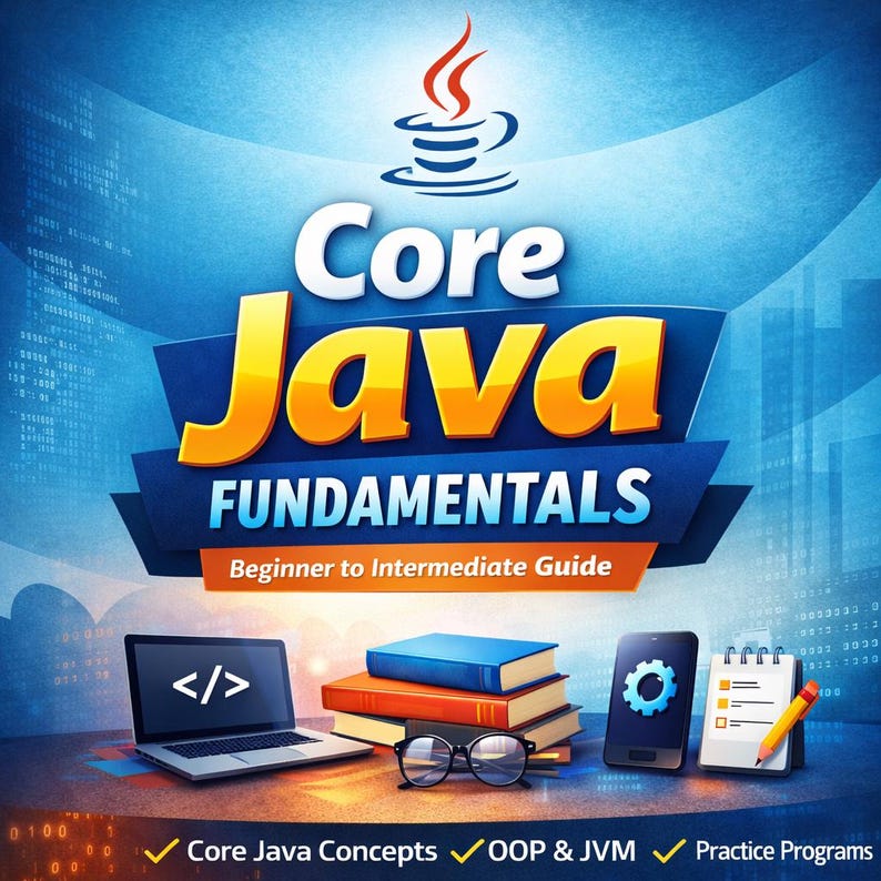 Pode incluir: Capa do livro "Core Java Fundamentals" com um design azul e laranja. A imagem inclui um laptop com c&oacute;digo, livros, um smartphone e um bloco de notas com um l&aacute;pis. O texto da capa diz "Beginner to Intermediate Guide."