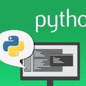 Op de afbeelding: Een computermonitor met code, met een tekstballon met het Python-logo in blauw en geel. Het woord "PYTHON" staat in witte tekst op een groene achtergrond.