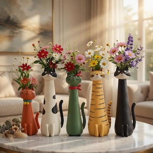 Handmade Whimsical Cat Planter Vase, Quirky Animal Flower Pot, Desk Sculpture Home Decor
