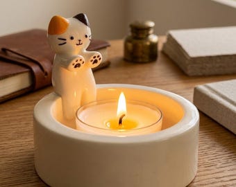 Cute Cat Candle Holder, Handcrafted Kitten Aromatherapy Gift, Minimalist Home Decor, Unique Kitty Lover Gift, Small Tea Light Stand