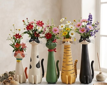 Handmade Whimsical Cat Planter Vase, Quirky Animal Flower Pot, Desk Sculpture Home Decor