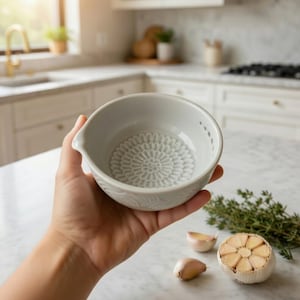 May include: A light gray ceramic garlic grater bowl with a floral pattern on the inside. The bowl has a small spout and is held in a hand. Garlic cloves and herbs are on the counter.