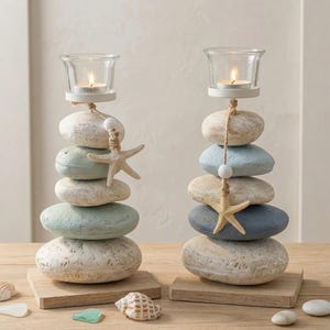 Portavelas de piedra zen, piedras apiladas, detalle de estrella de mar, decoración náutica costera