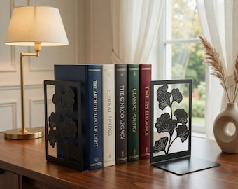 Ginkgo Leaf Metal Bookends – Elegant Shelving, Office, Home Decor, Book Lover Gift