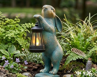 Solar Bunny Garden Statue, Verdigris Bronze Rabbit Lantern Decor, Weatherproof Outdoor Light
