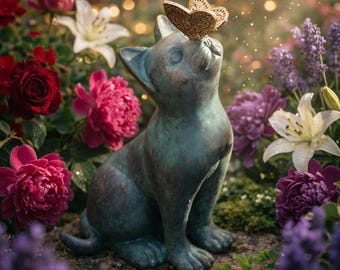 Estatua de bronce de un gato curioso con una mariposa - Figura decorativa para jardín, adorno para el hogar y exteriores con acabado patinado