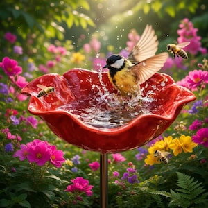 May include: A vibrant image of a bird taking a bath in a red, flower-shaped birdbath. The bird is yellow, black, and white, with its wings spread. Bees fly around the birdbath, surrounded by colorful flowers in a garden setting.