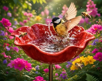 Poppy Flower Bird Bath Stake – Metal Bird Water Feeder & Pollinator Friendly Garden Decor