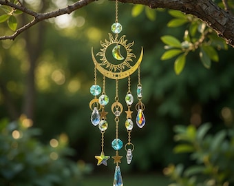 Atrapasueños de cristal con forma de luna y estrella celestiales, creador de arcoíris, decoración de jardín bohemia