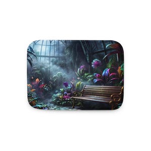 Peut inclure: Un tapis de bain rectangulaire représentant une serre sombre et atmosphérique avec un banc en bois au premier plan. Le motif comprend des plantes tropicales aux tons violets, roses et verts, du brouillard et une structure en verre.