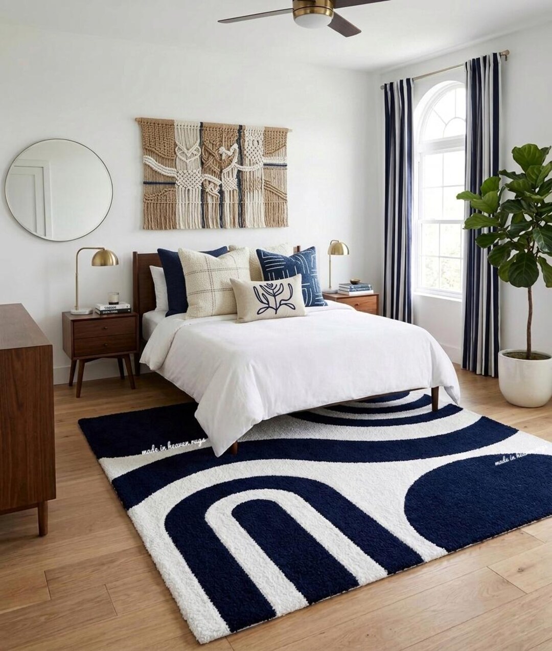 Modern Hand Tufted Wool Rug Navy Blue Ivory Abstract Living Room Area ...