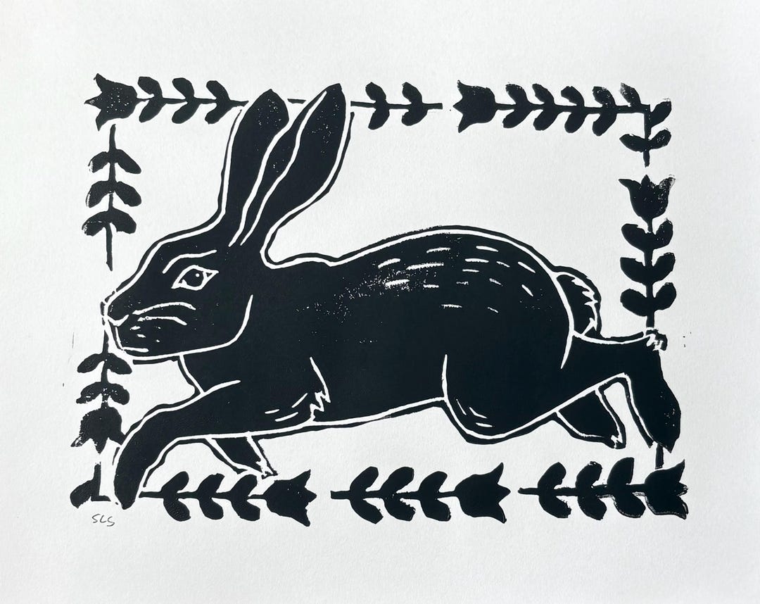 Rabbit Linocut Print - Etsy