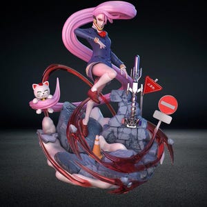 May include: A detailed figurine of a female anime character with long pink hair, wearing a blue school uniform and brown shoes. The figure is posed on a rocky base with red accents, a traffic cone, and road signs. A small cat figurine is also present.