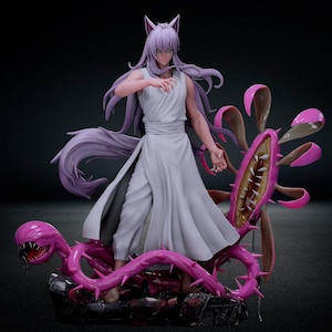May include: A detailed figurine of a character with purple hair, fox ears, and a long tail, wearing a white outfit. The figure is standing on a base with a pink, spiky, plant-like creature with sharp teeth. The overall design has a fantasy theme.