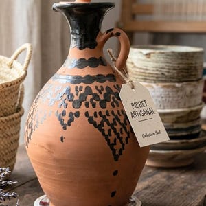 Large Handmade Moroccan Water/ Juge 2.5L/Black/Terracotta Pottery Carafe /Artisan berber /Ceramic Vase From Fes /31 cm/Rustic Kitchen Decor