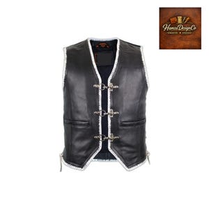 Chaleco de cuero negro para hombre estilo motero con ribete blanco / Chaleco de moto de piel de vacuno auténtica / Chaleco de cuero estilo club / Chaleco hecho a mano
