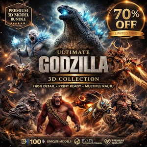 Può includere: Immagine promozionale per la "Ultimate Godzilla 3D Collection". L'immagine presenta vari modelli di mostri, tra cui Godzilla, con testo che indica uno sconto del 70%. La collezione include 100 modelli unici, dettagli elevati e design pronti per la stampa.