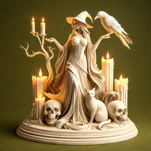 Puede incluir: Estatua color crema de una bruja con un cuervo, un gato y calaveras. La bruja lleva un sombrero puntiagudo y un vestido largo, rodeada de velas encendidas. La estatua está sobre una base redonda, con un fondo verde oscuro.