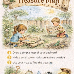 Könnte beinhalten: Illustration einer Schatzkarte für den Garten mit Kindern, einem Papagei und einem Kompass. Die Karte enthält Anweisungen: eine Karte zeichnen, ein Spielzeug verstecken und die Karte benutzen. Der Text lautet "Backyard Treasure Map".