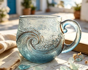 Hand-Blown Wave Pattern Glass Mug: Sunset Gradient or Sea Bubble Blue