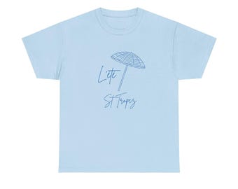 Sommar-T-shirt med St. Tropez-motiv | Skiss av strandparasoll, semestertröja med kustmotiv