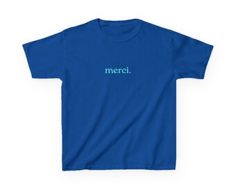 merci. Kids T-Shirt | minimal French text, pastel blue script