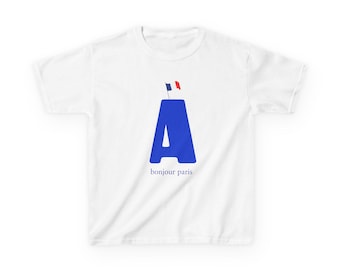 Blue Letter A with French Flag Kids Tee | Monogram Initial T-Shirt