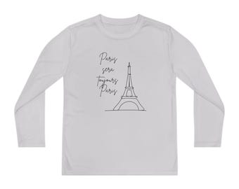 Paris Eiffel Tower Outline Youth Long Sleeve Tee | Paris script design